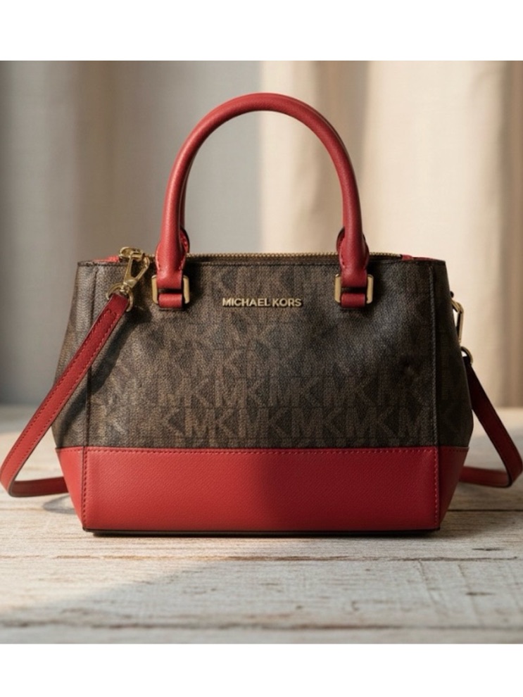 Michael Kors- Brown Logo Satchel With Deep Dark Pink Trim